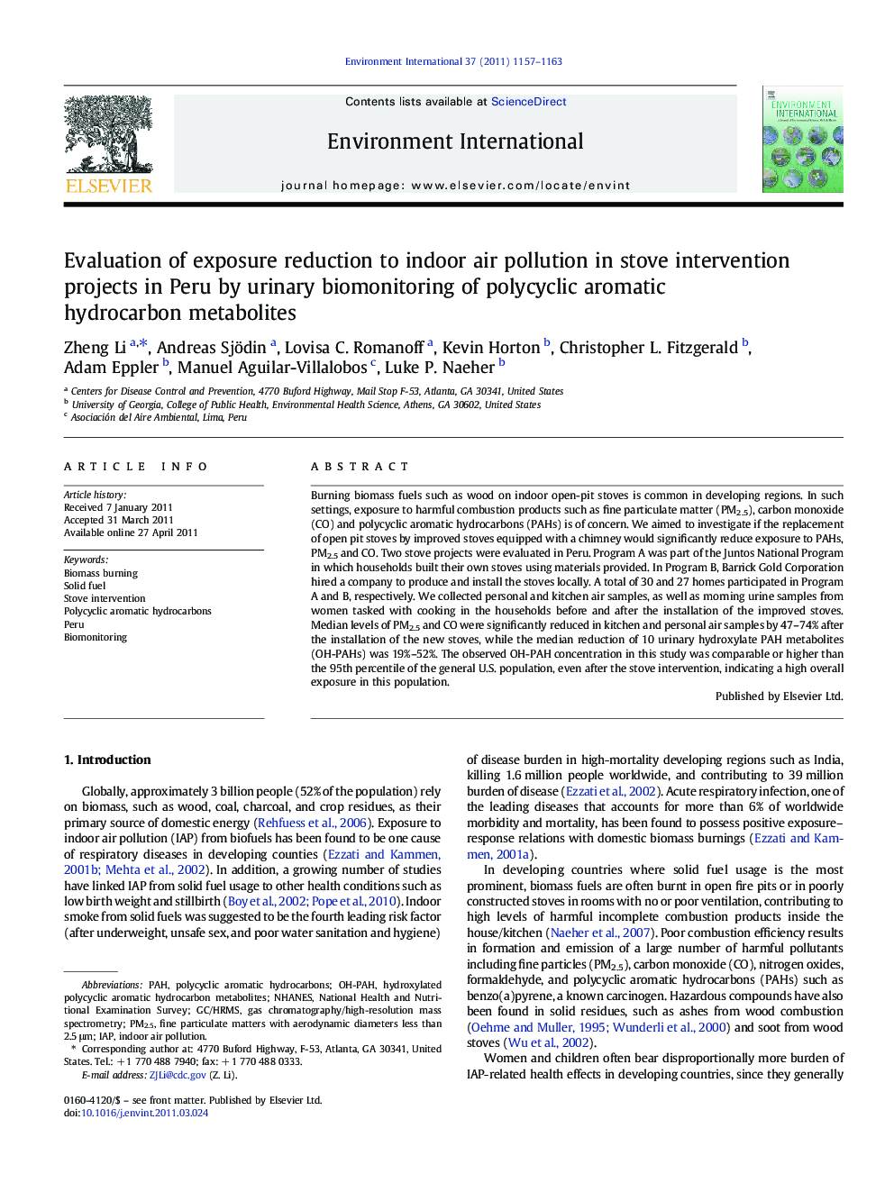 Evaluation of exposure reduction to indoor air pollution in stove intervention projects in Peru by urinary biomonitoring of polycyclic aromatic hydrocarbon metabolites