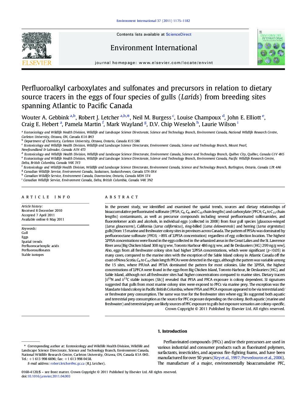 Perfluoroalkyl carboxylates and sulfonates and precursors in relation to dietary source tracers in the eggs of four species of gulls (Larids) from breeding sites spanning Atlantic to Pacific Canada