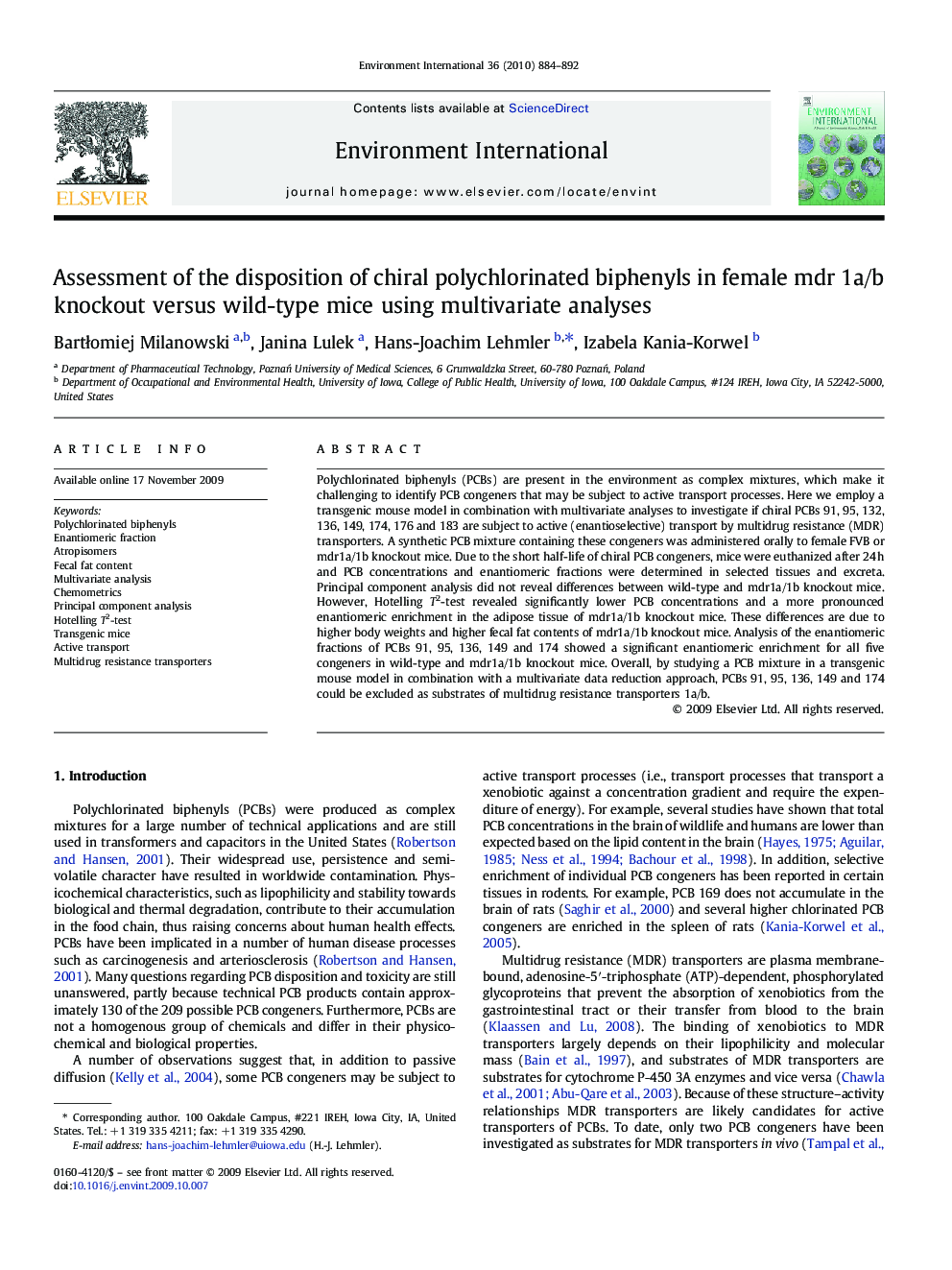 Assessment of the disposition of chiral polychlorinated biphenyls in female mdr 1a/b knockout versus wild-type mice using multivariate analyses