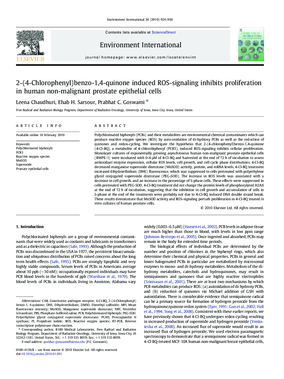 2-(4-Chlorophenyl)benzo-1,4-quinone induced ROS-signaling inhibits proliferation in human non-malignant prostate epithelial cells