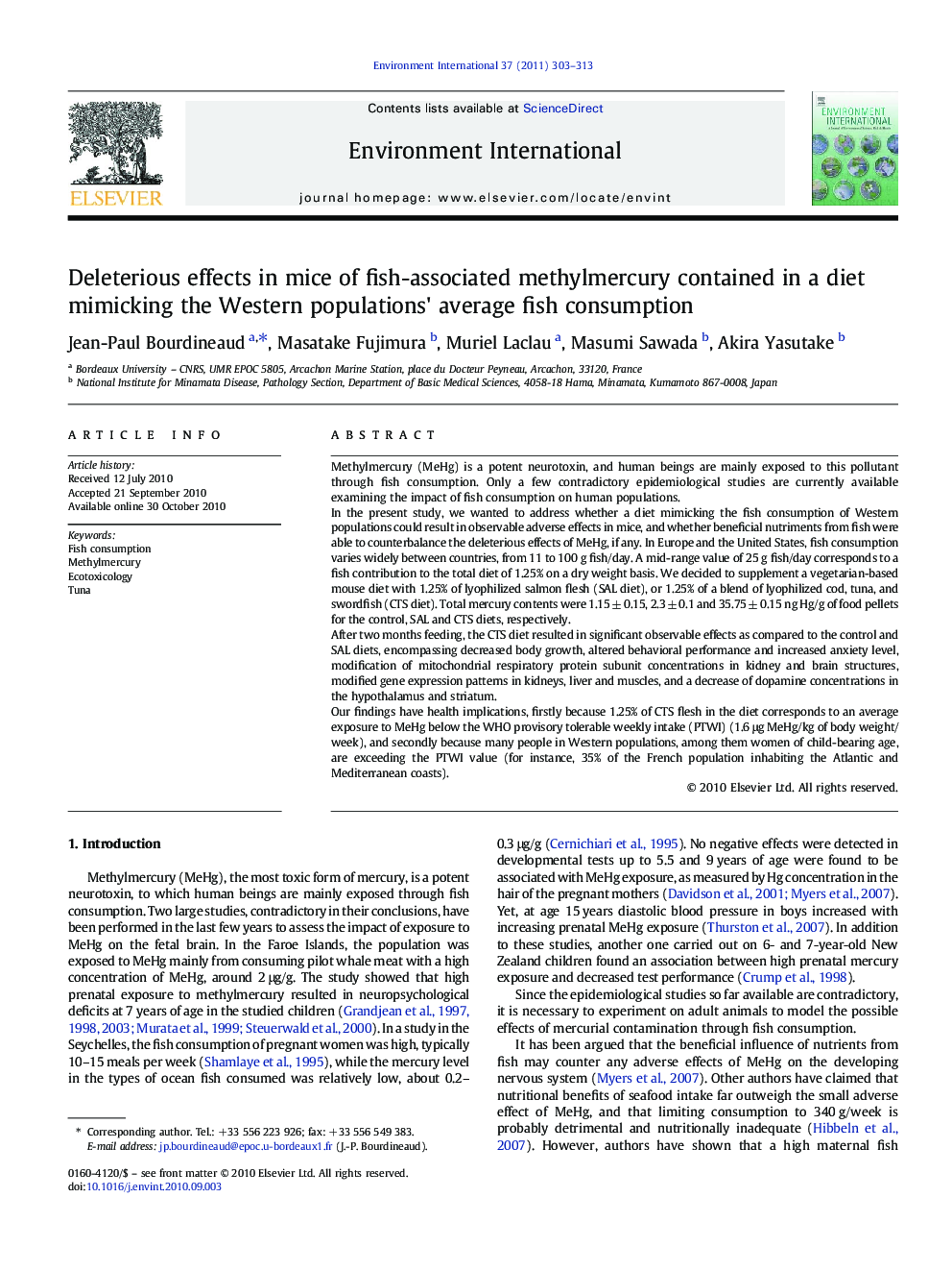 Deleterious effects in mice of fish-associated methylmercury contained in a diet mimicking the Western populations' average fish consumption