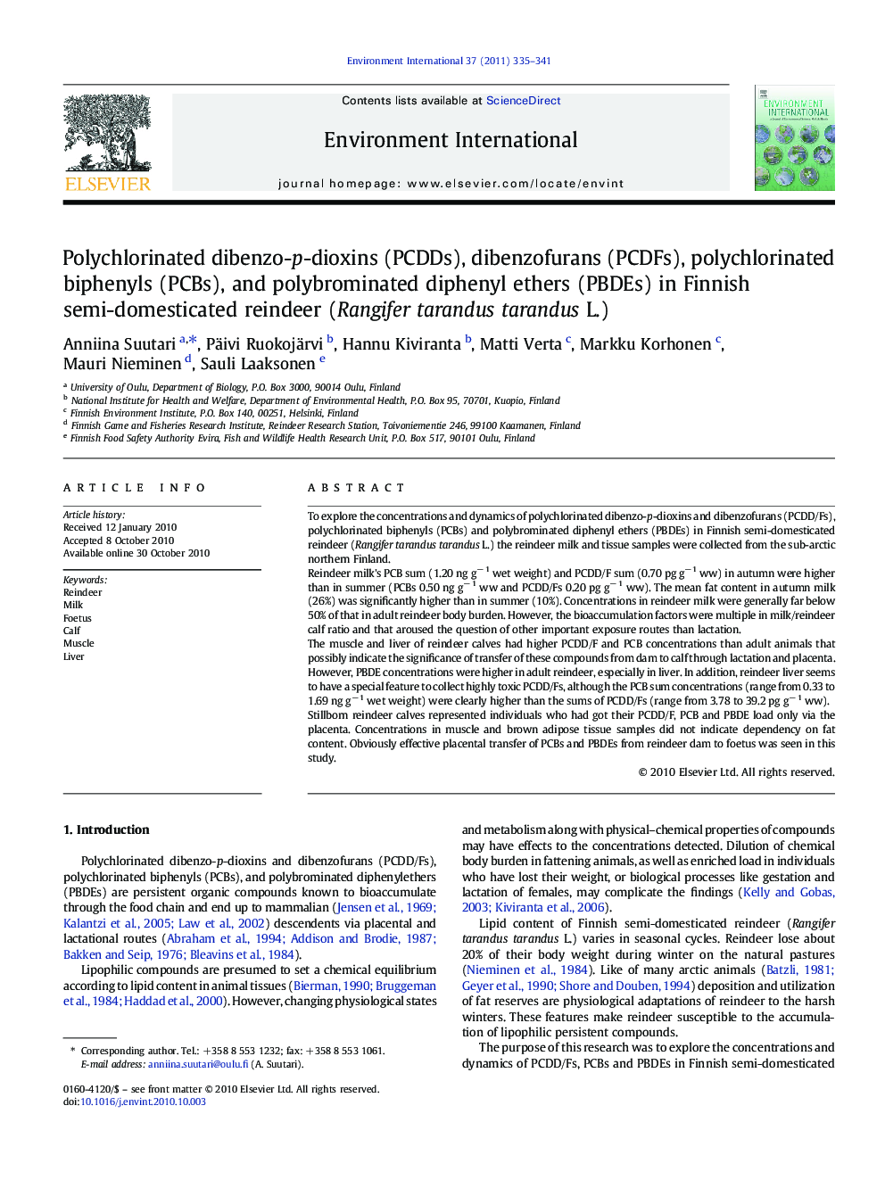 Polychlorinated dibenzo-p-dioxins (PCDDs), dibenzofurans (PCDFs), polychlorinated biphenyls (PCBs), and polybrominated diphenyl ethers (PBDEs) in Finnish semi-domesticated reindeer (Rangifer tarandus tarandus L.)