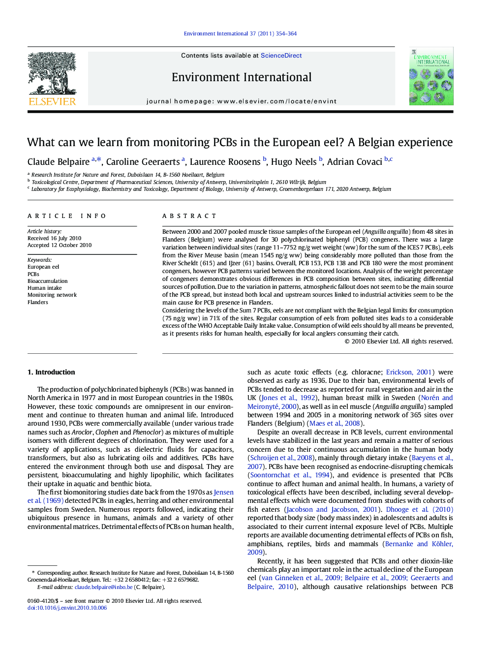 What can we learn from monitoring PCBs in the European eel? A Belgian experience