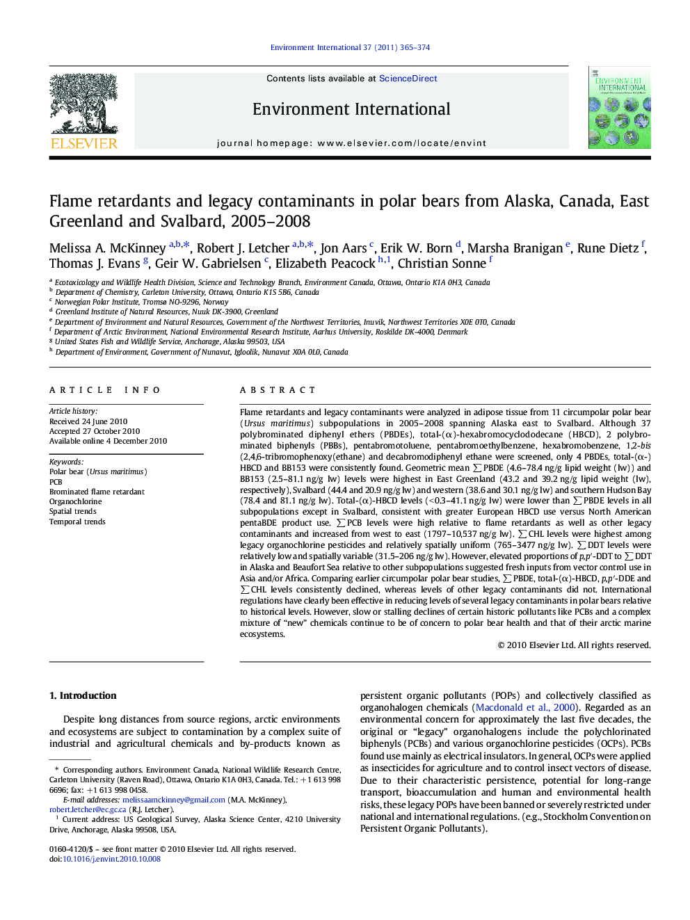 Flame retardants and legacy contaminants in polar bears from Alaska, Canada, East Greenland and Svalbard, 2005–2008