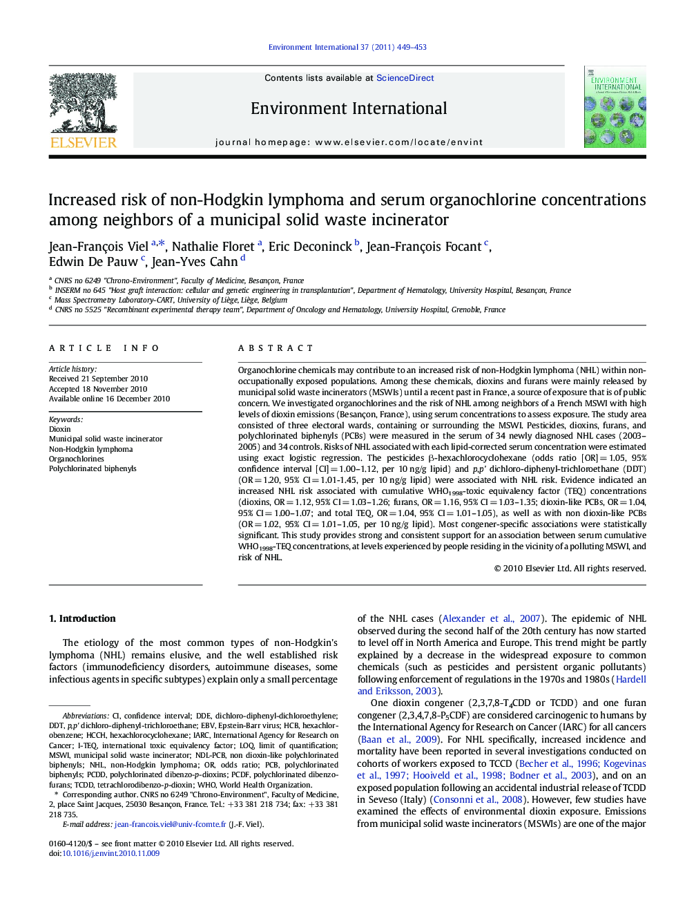 Increased risk of non-Hodgkin lymphoma and serum organochlorine concentrations among neighbors of a municipal solid waste incinerator