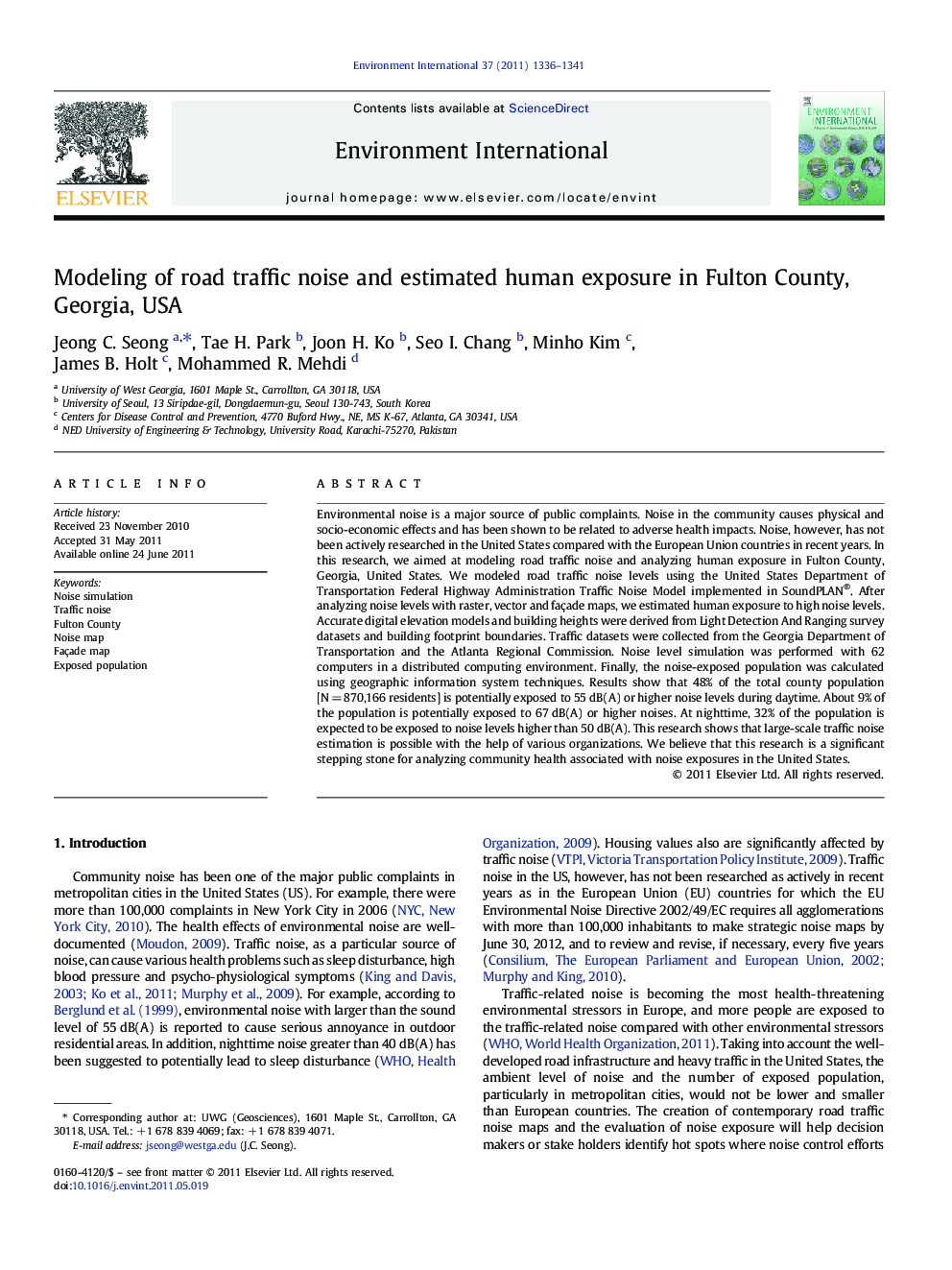 Modeling of road traffic noise and estimated human exposure in Fulton County, Georgia, USA