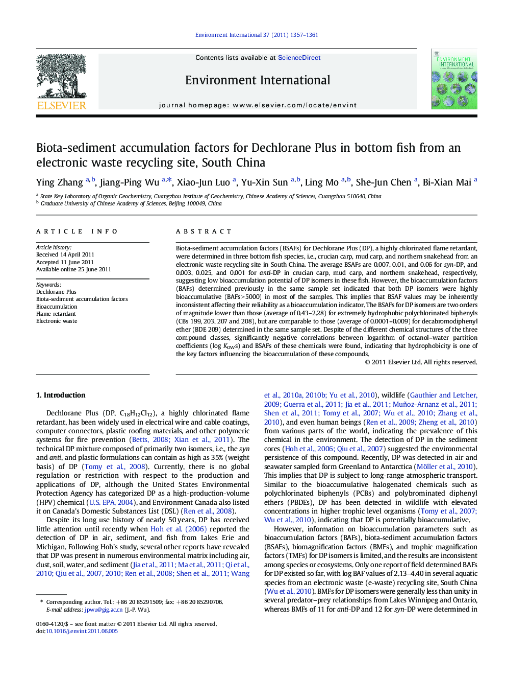 Biota-sediment accumulation factors for Dechlorane Plus in bottom fish from an electronic waste recycling site, South China