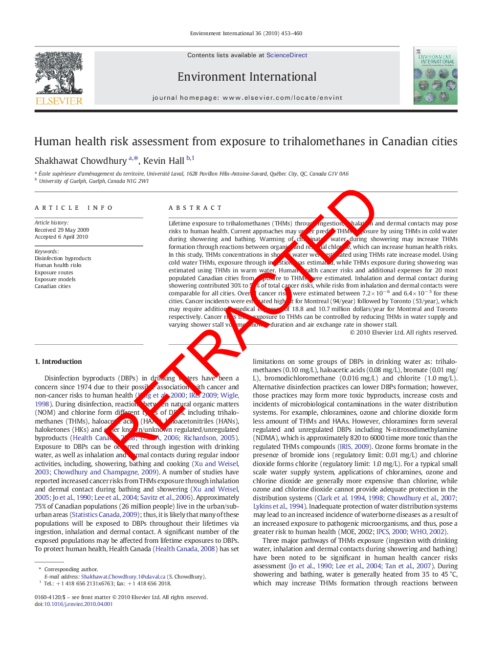 RETRACTED: Human health risk assessment from exposure to trihalomethanes in Canadian cities
