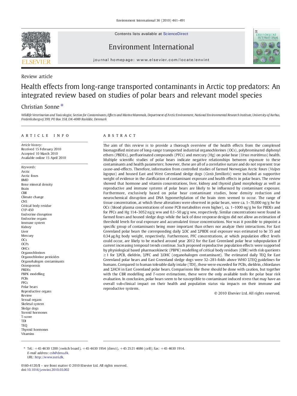 Health effects from long-range transported contaminants in Arctic top predators: An integrated review based on studies of polar bears and relevant model species