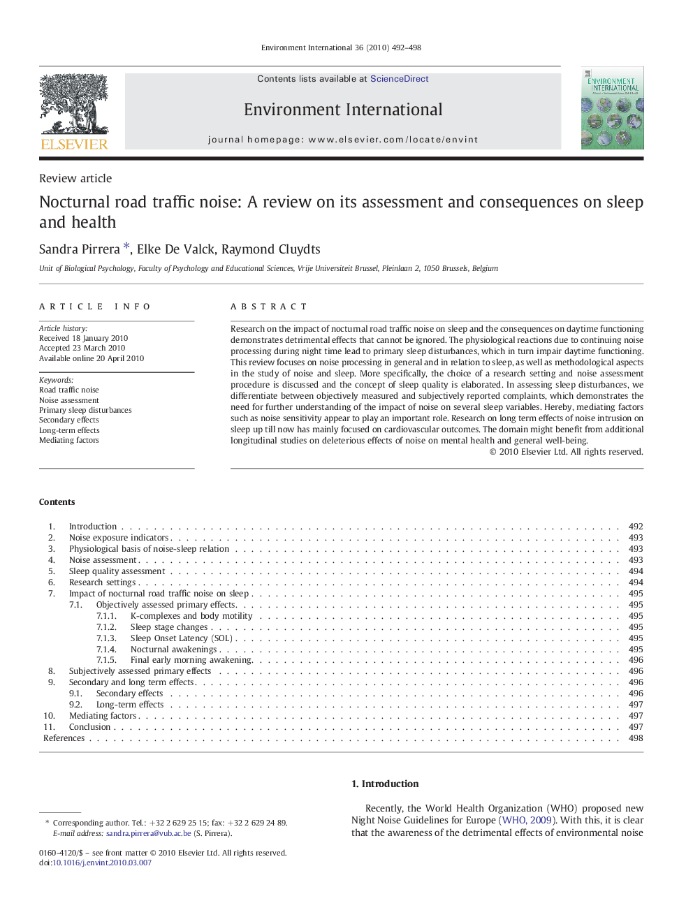 Nocturnal road traffic noise: A review on its assessment and consequences on sleep and health