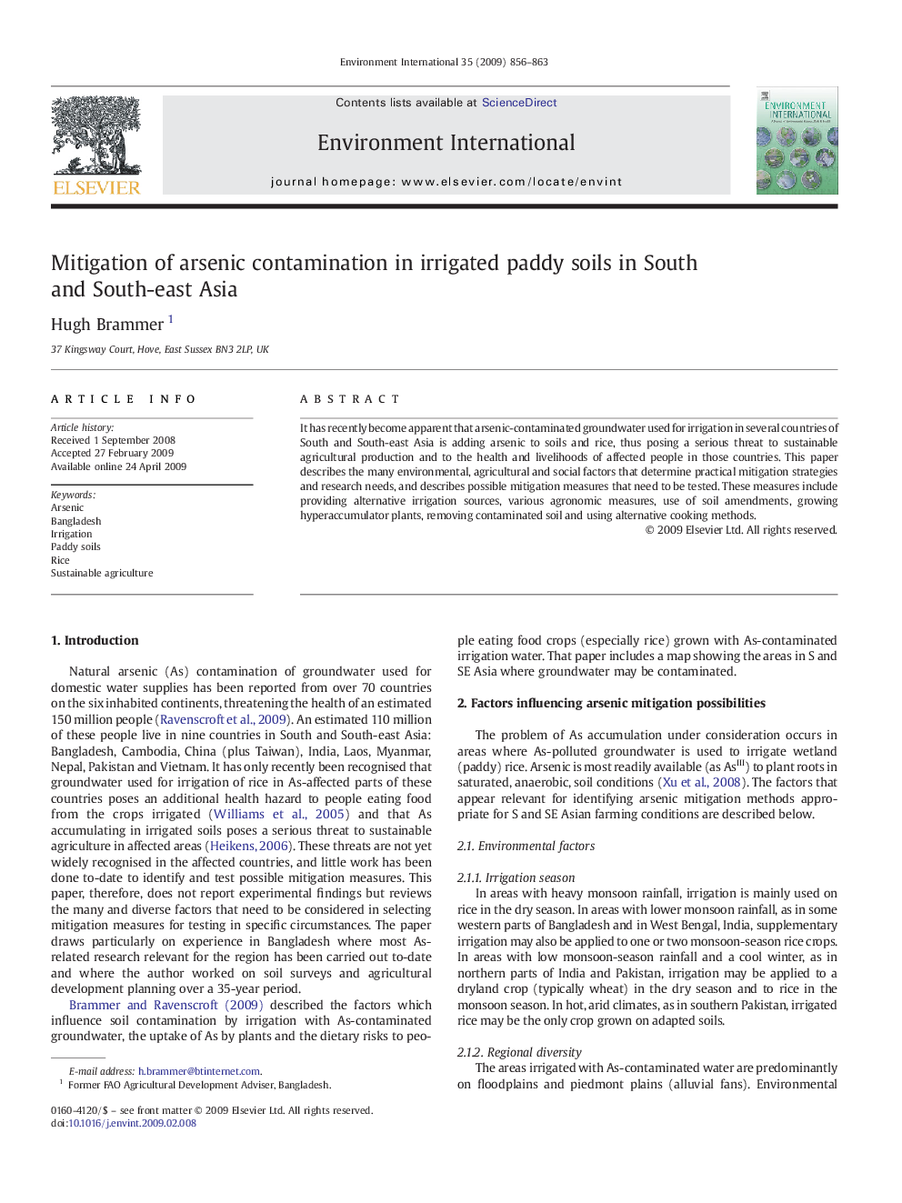 Mitigation of arsenic contamination in irrigated paddy soils in South and South-east Asia