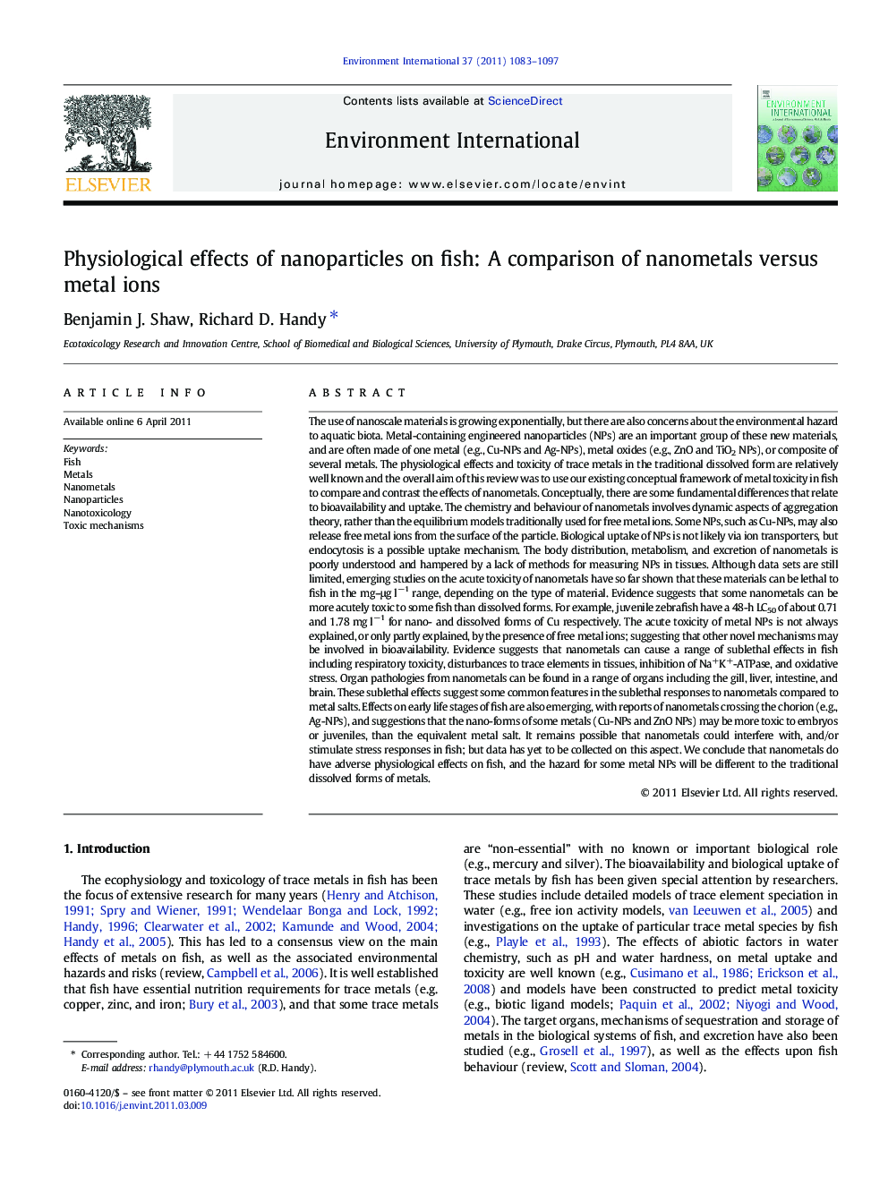 Physiological effects of nanoparticles on fish: A comparison of nanometals versus metal ions