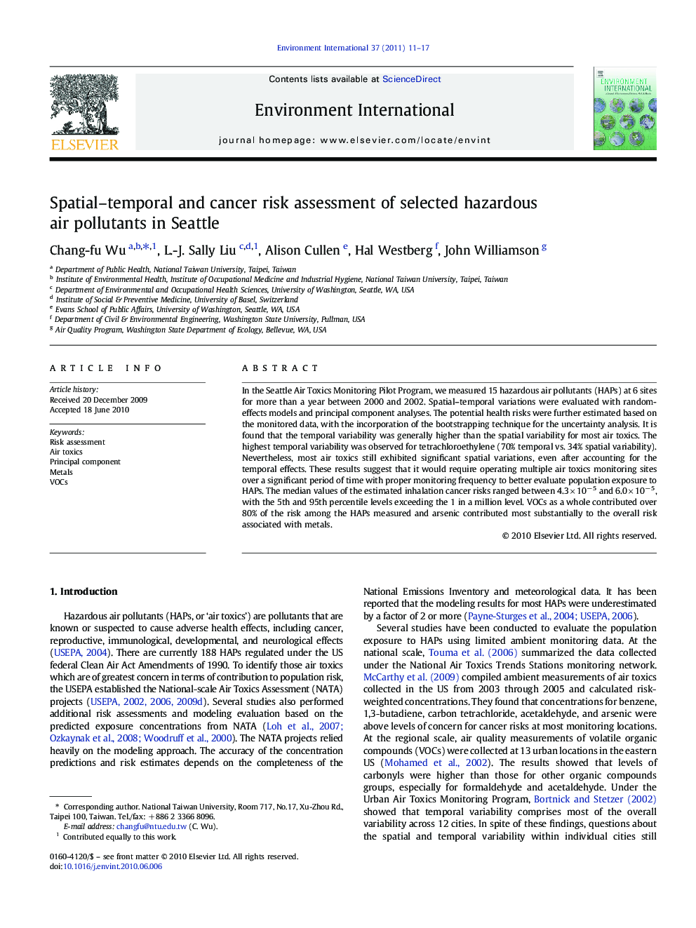 Spatial–temporal and cancer risk assessment of selected hazardous air pollutants in Seattle