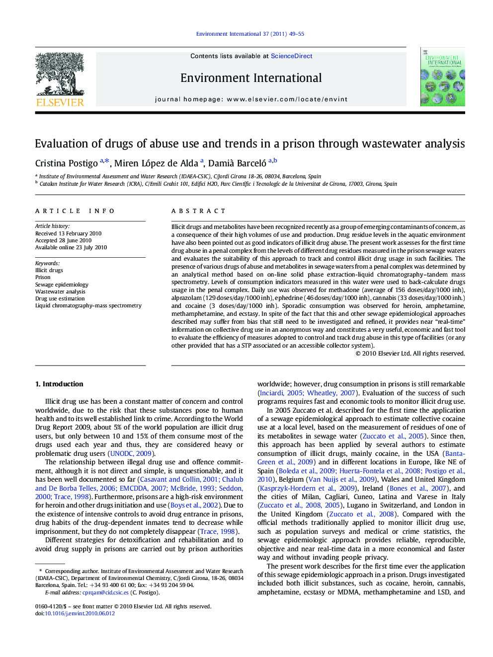 Evaluation of drugs of abuse use and trends in a prison through wastewater analysis