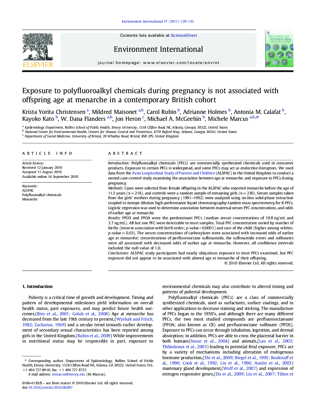 Exposure to polyfluoroalkyl chemicals during pregnancy is not associated with offspring age at menarche in a contemporary British cohort