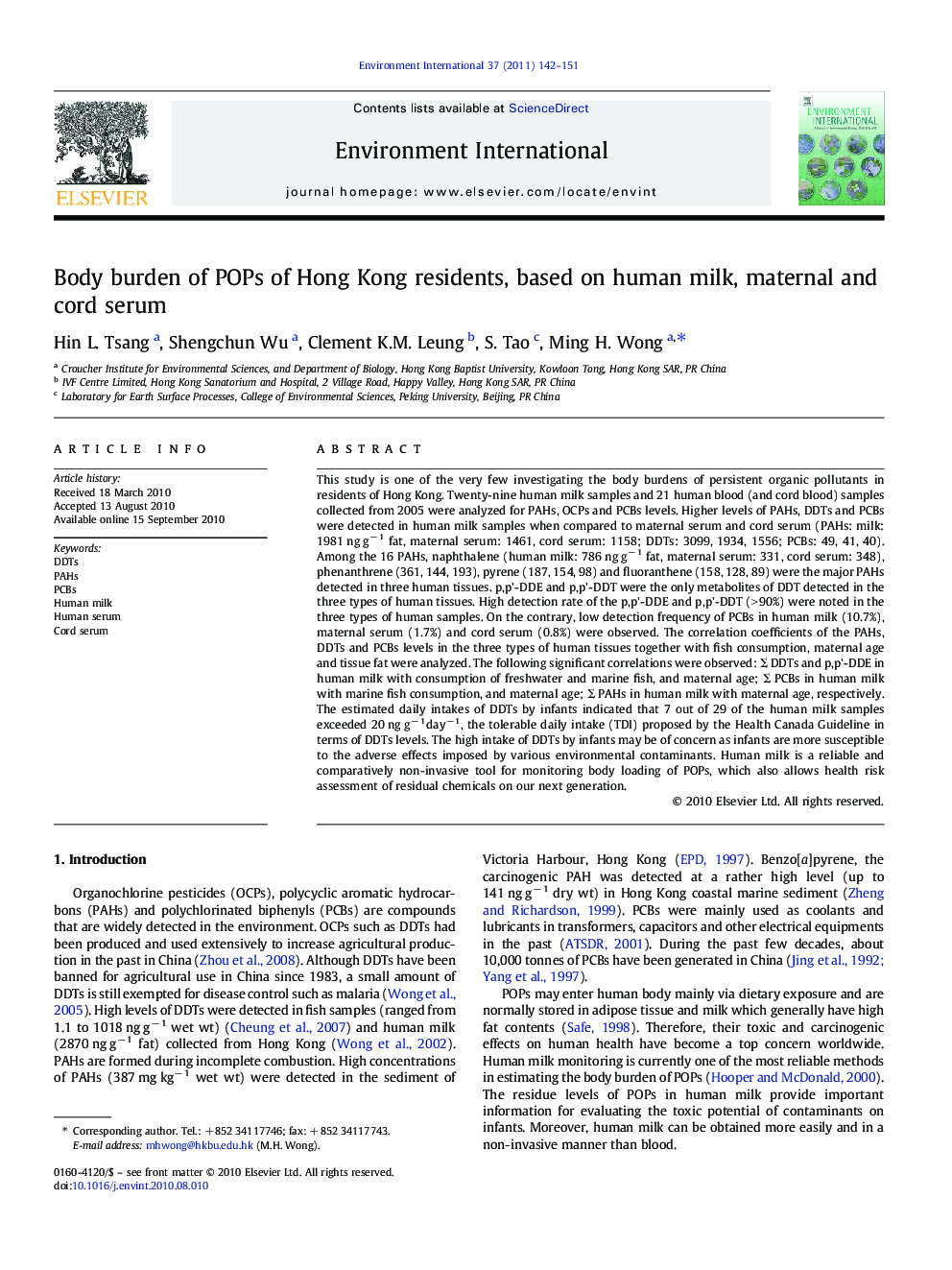 Body burden of POPs of Hong Kong residents, based on human milk, maternal and cord serum