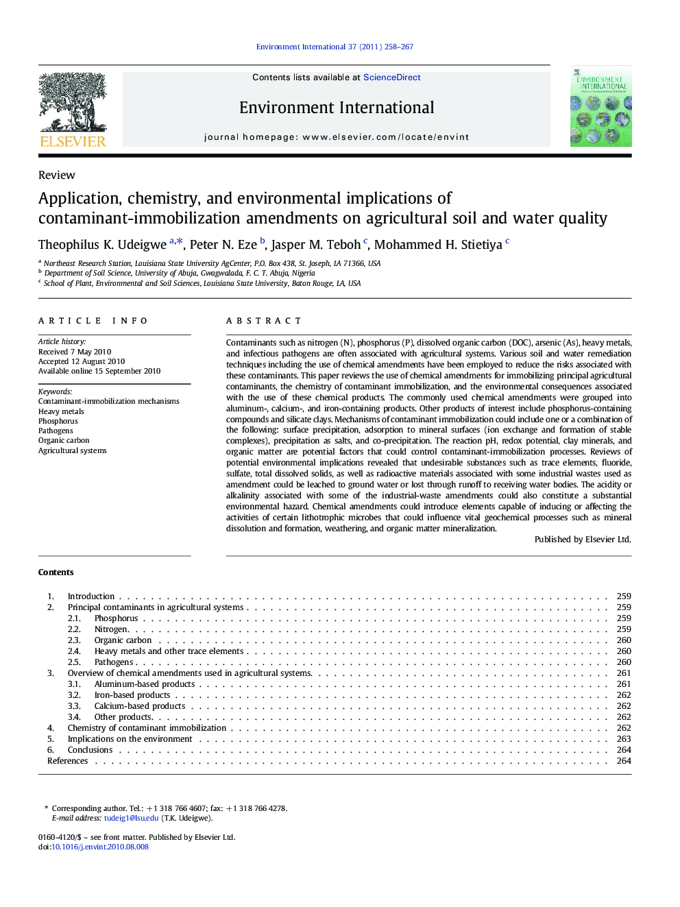 عکس صفحه اول مقاله: Application, chemistry, and environmental implications of contaminant-immobilization amendments on agricultural soil and water quality Application, chemistry, and environmental implications of contaminant-immobilization amendments on agricultural soil and water quality