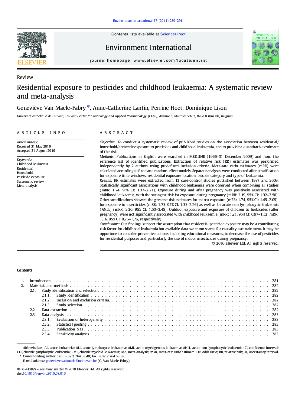 Residential exposure to pesticides and childhood leukaemia: A systematic review and meta-analysis