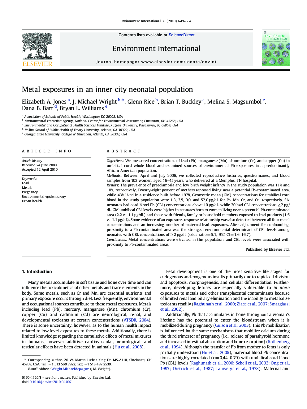 Metal exposures in an inner-city neonatal population