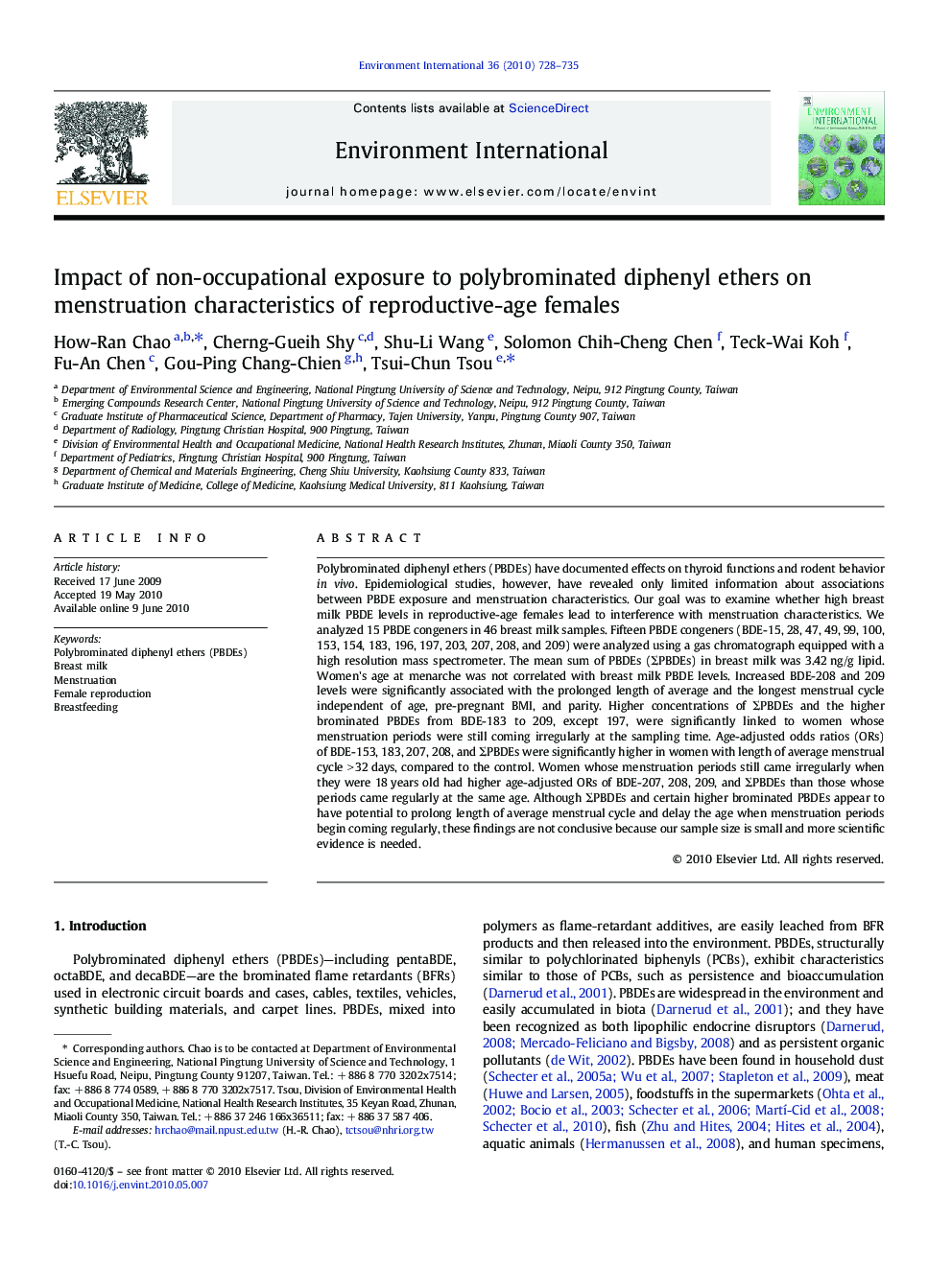 Impact of non-occupational exposure to polybrominated diphenyl ethers on menstruation characteristics of reproductive-age females