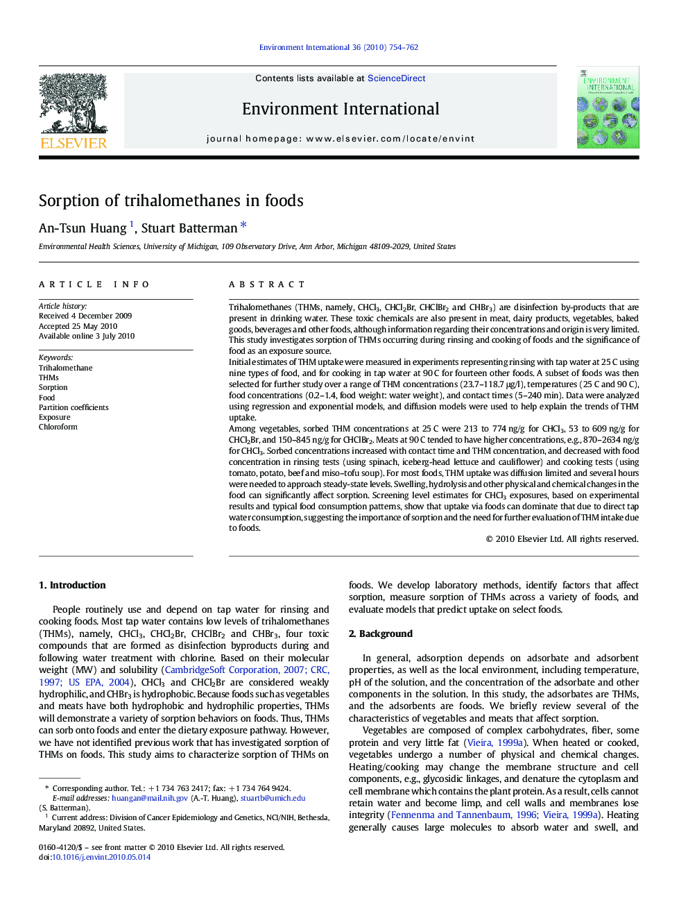 Sorption of trihalomethanes in foods