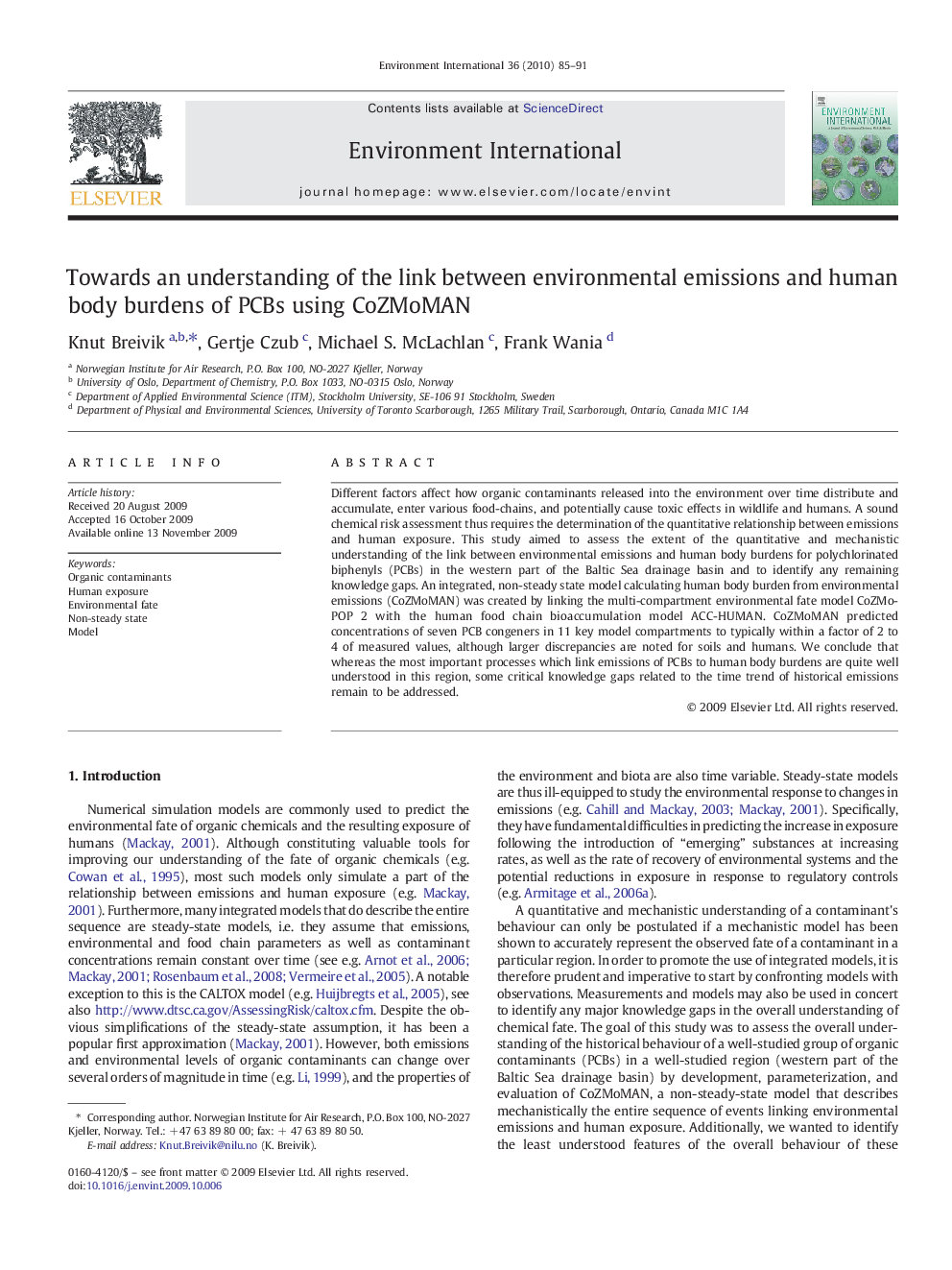 Towards an understanding of the link between environmental emissions and human body burdens of PCBs using CoZMoMAN