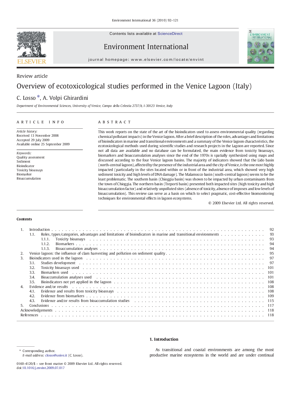 Overview of ecotoxicological studies performed in the Venice Lagoon (Italy)