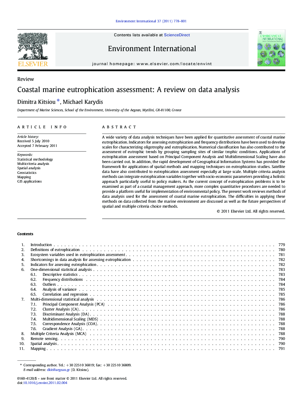 Coastal marine eutrophication assessment: A review on data analysis