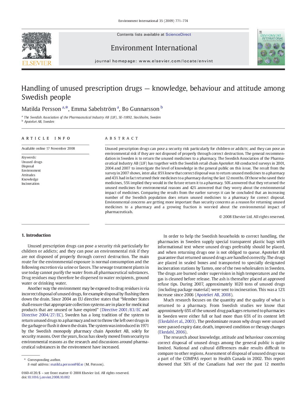 Handling of unused prescription drugs — knowledge, behaviour and attitude among Swedish people