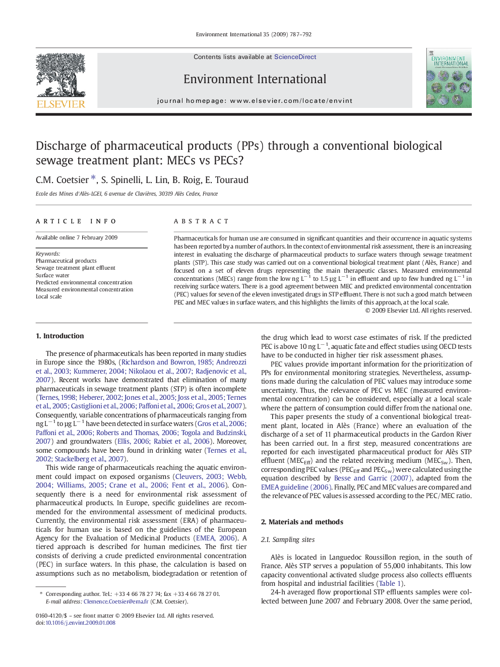 Discharge of pharmaceutical products (PPs) through a conventional biological sewage treatment plant: MECs vs PECs?