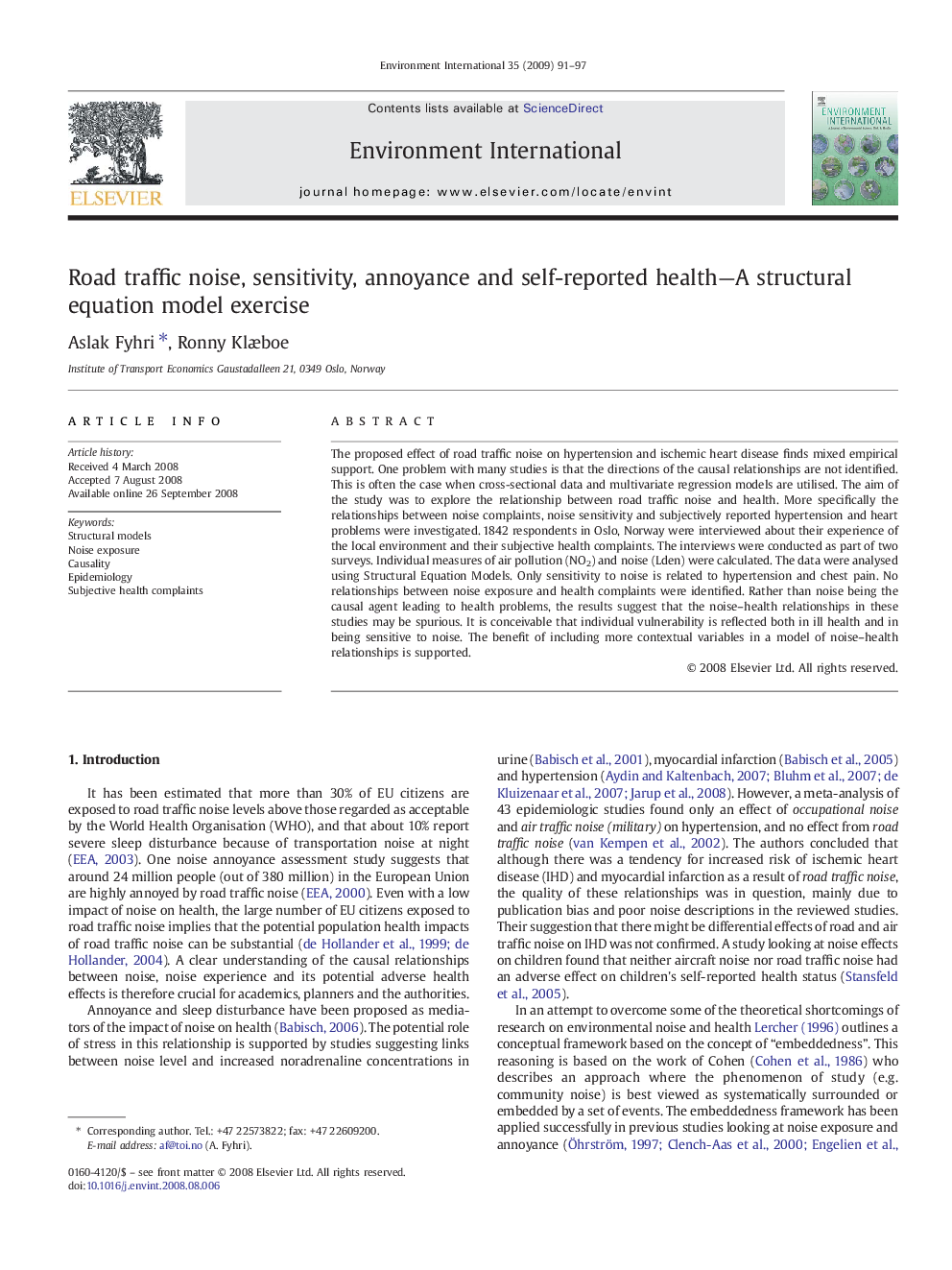 Road traffic noise, sensitivity, annoyance and self-reported health—A structural equation model exercise