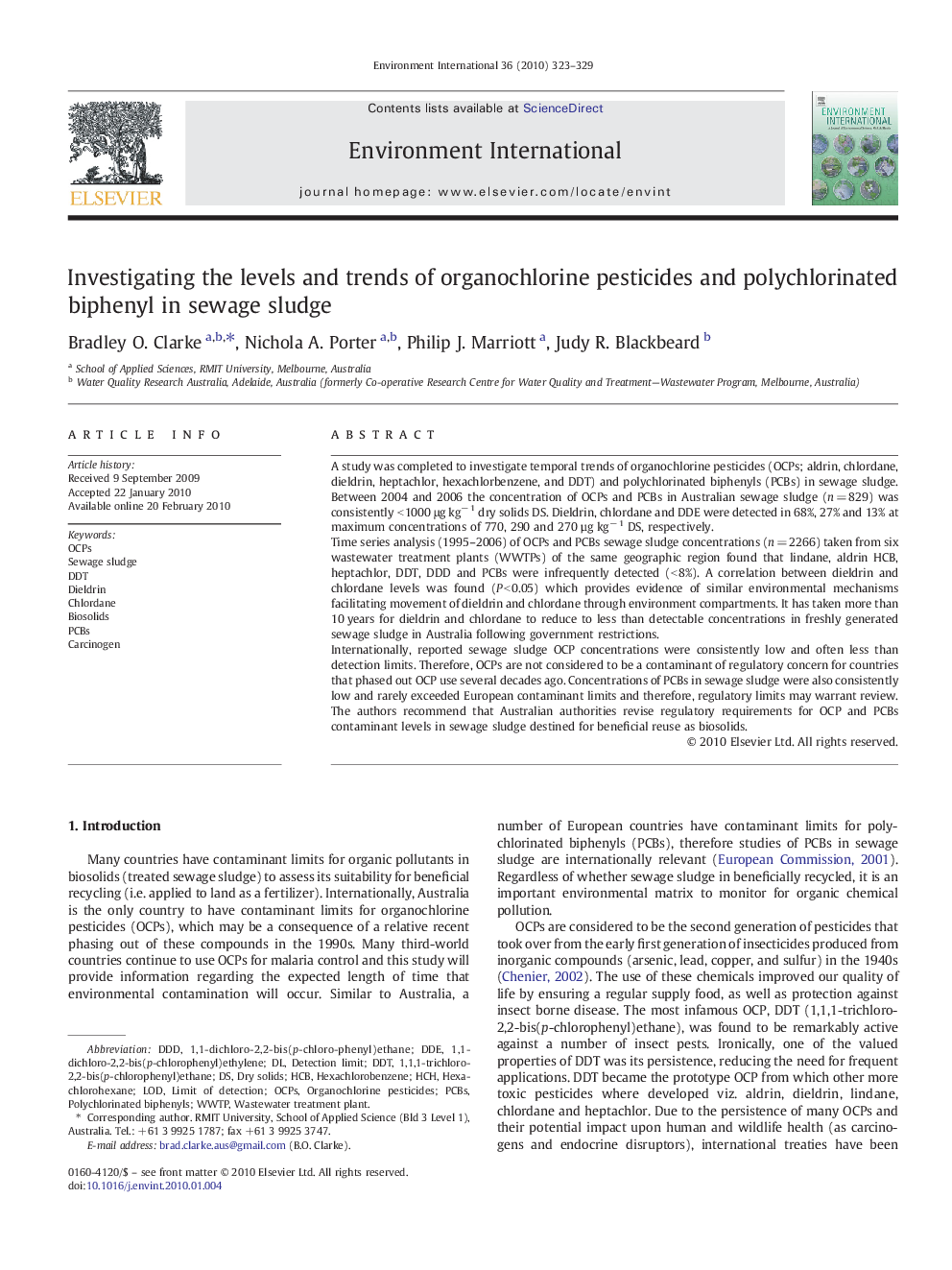 Investigating the levels and trends of organochlorine pesticides and polychlorinated biphenyl in sewage sludge