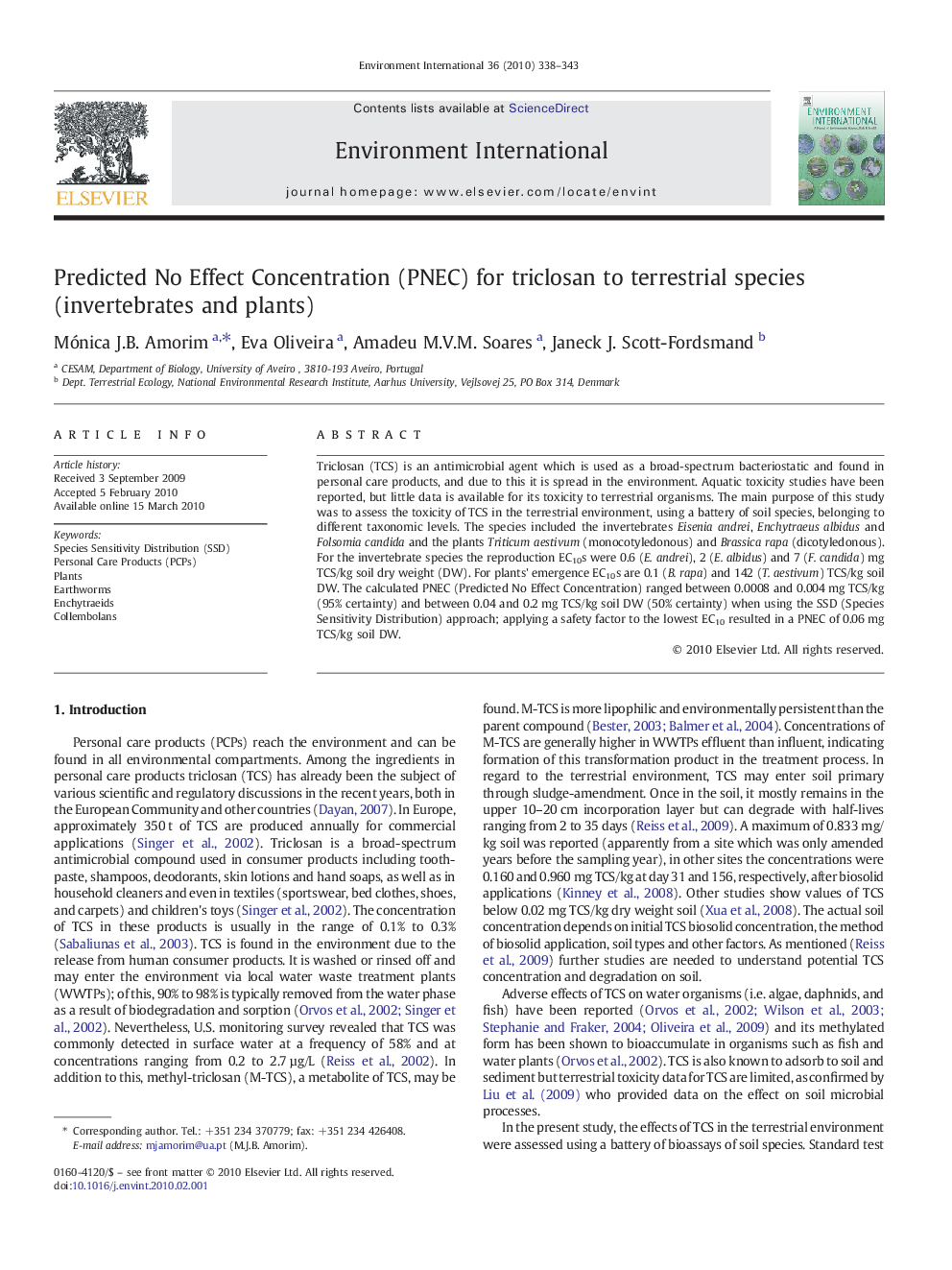 Predicted No Effect Concentration (PNEC) for triclosan to terrestrial species (invertebrates and plants)