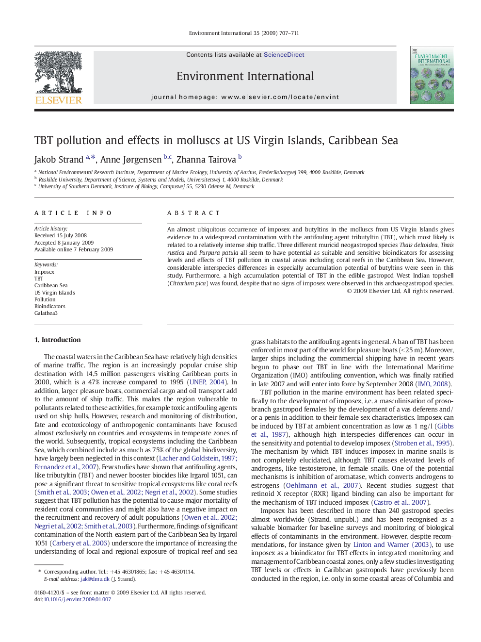 TBT pollution and effects in molluscs at US Virgin Islands, Caribbean Sea