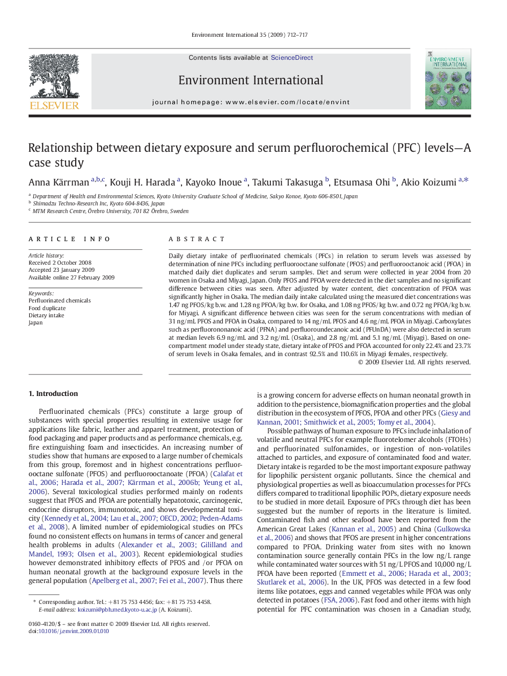 Relationship between dietary exposure and serum perfluorochemical (PFC) levels—A case study