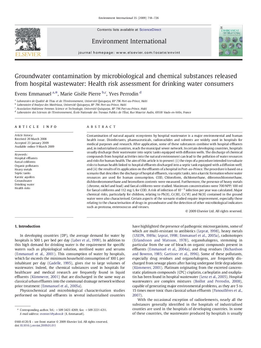 Groundwater contamination by microbiological and chemical substances released from hospital wastewater: Health risk assessment for drinking water consumers