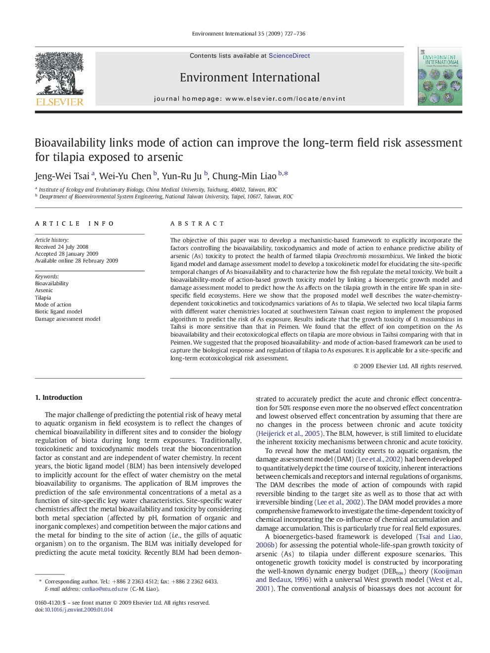 Bioavailability links mode of action can improve the long-term field risk assessment for tilapia exposed to arsenic