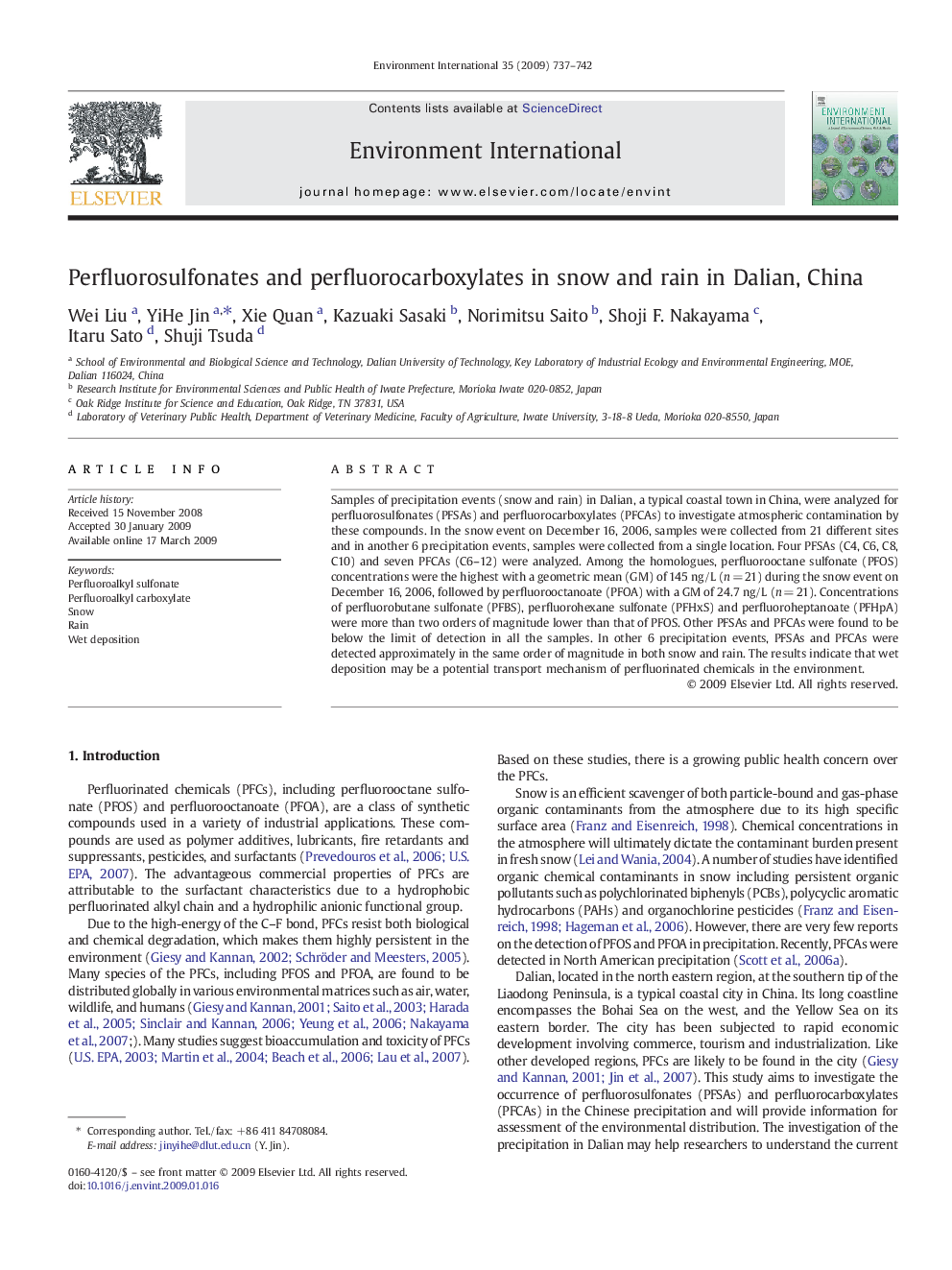 Perfluorosulfonates and perfluorocarboxylates in snow and rain in Dalian, China