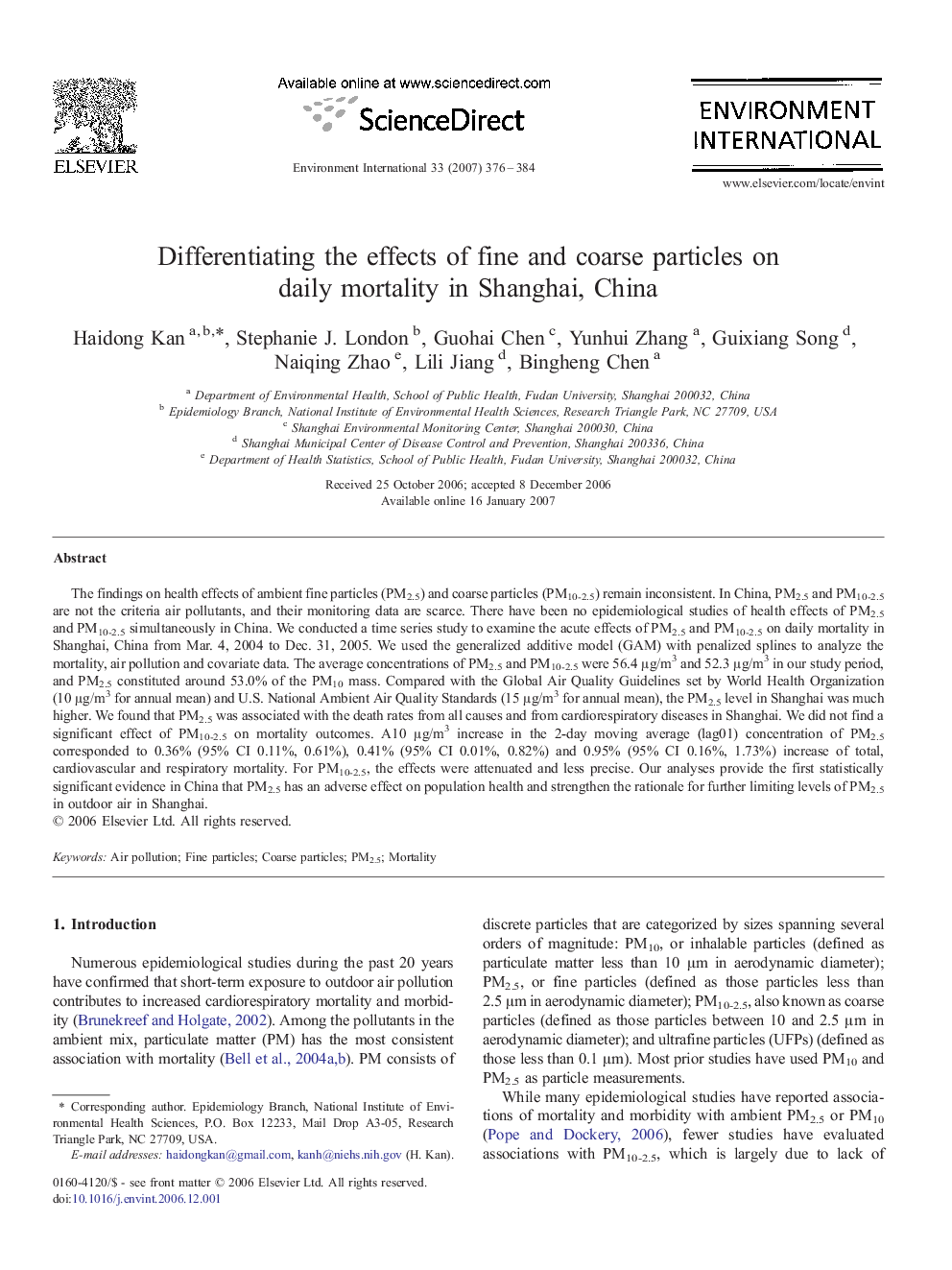 Differentiating the effects of fine and coarse particles on daily mortality in Shanghai, China