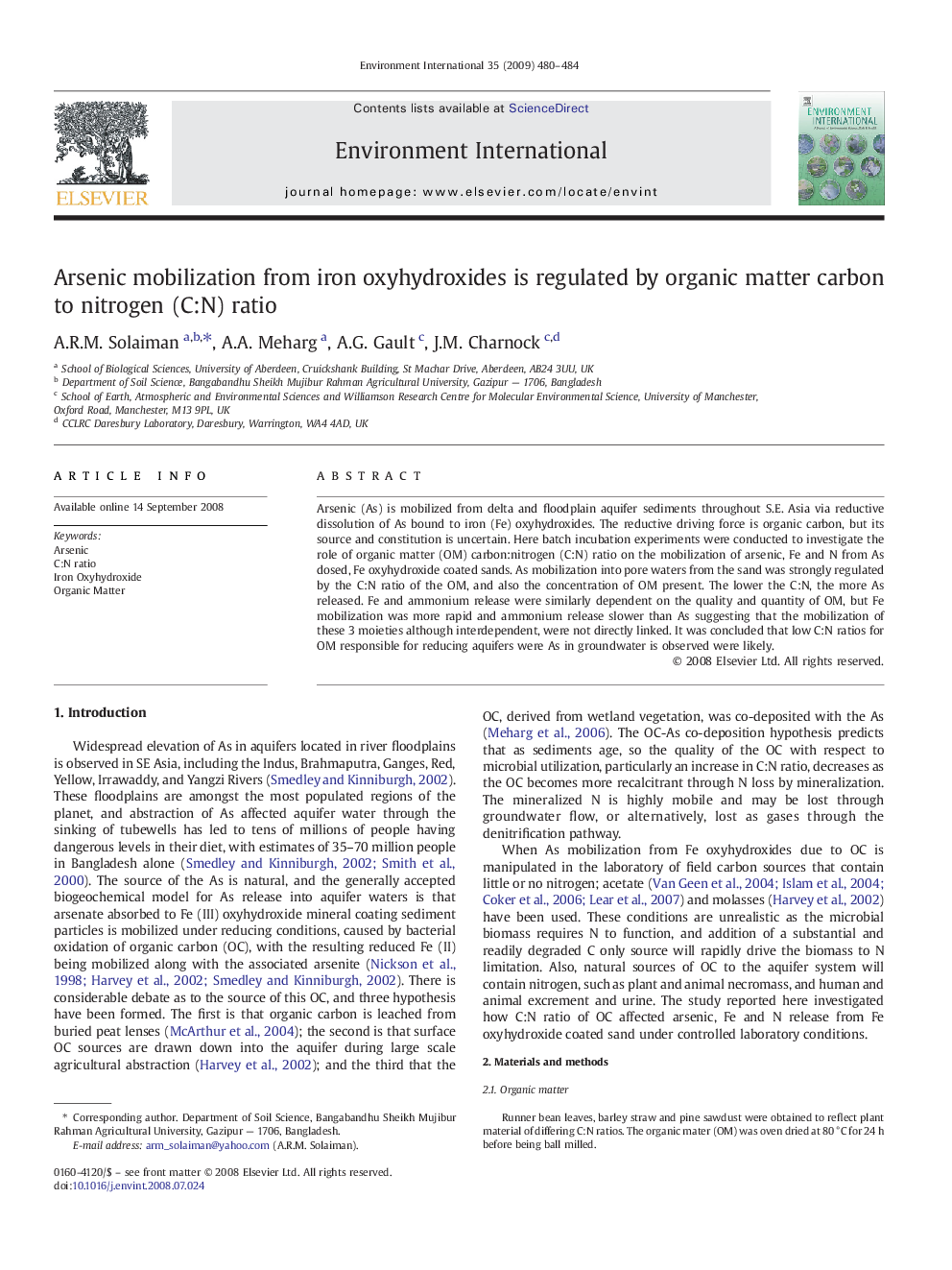 Arsenic mobilization from iron oxyhydroxides is regulated by organic matter carbon to nitrogen (C:N) ratio