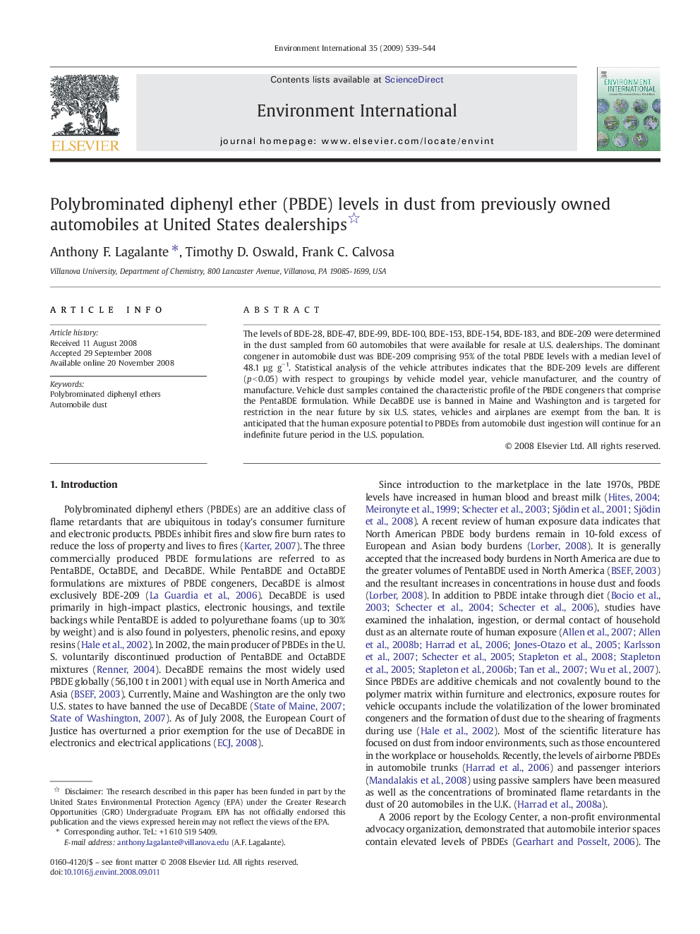 Polybrominated diphenyl ether (PBDE) levels in dust from previously owned automobiles at United States dealerships 