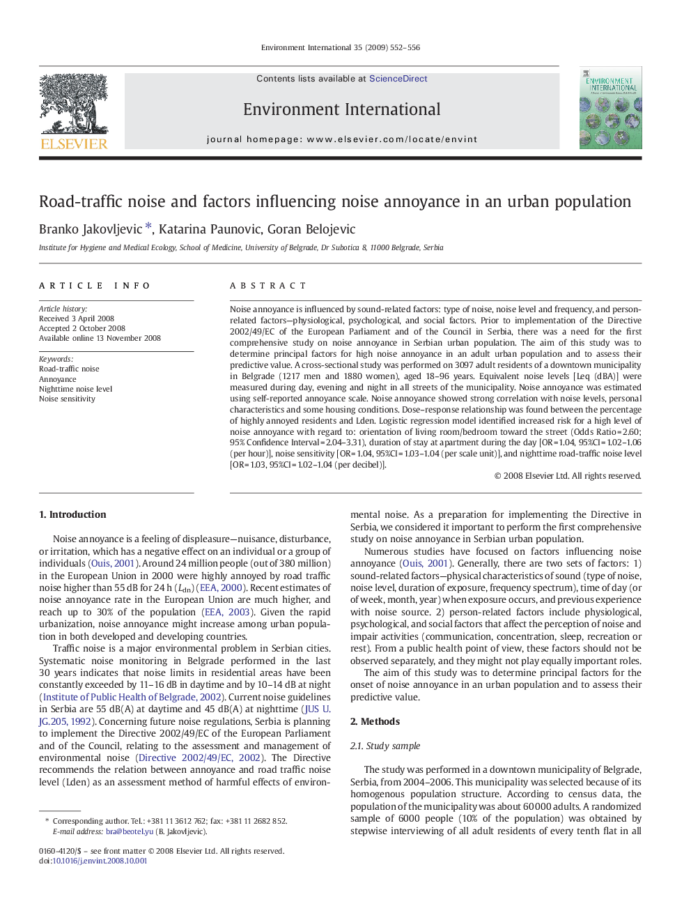 Road-traffic noise and factors influencing noise annoyance in an urban population