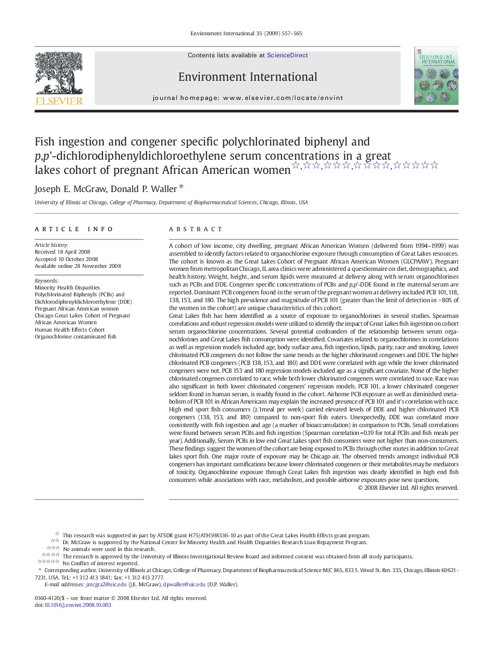 Fish ingestion and congener specific polychlorinated biphenyl and p,p'-dichlorodiphenyldichloroethylene serum concentrations in a great lakes cohort of pregnant African American women 