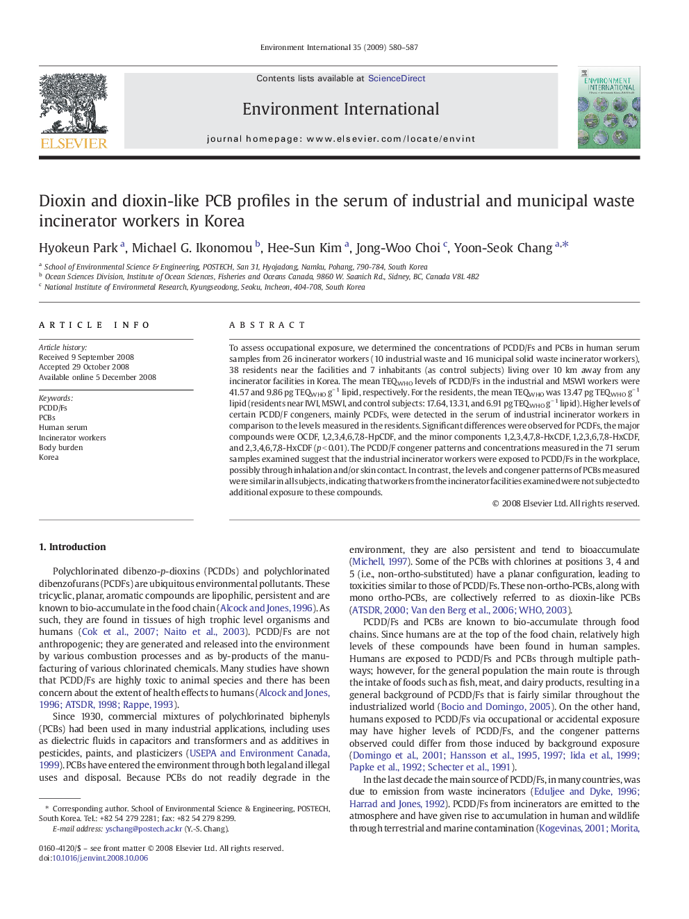 Dioxin and dioxin-like PCB profiles in the serum of industrial and municipal waste incinerator workers in Korea