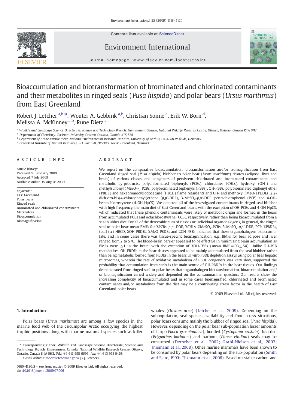 Bioaccumulation and biotransformation of brominated and chlorinated contaminants and their metabolites in ringed seals (Pusa hispida) and polar bears (Ursus maritimus) from East Greenland