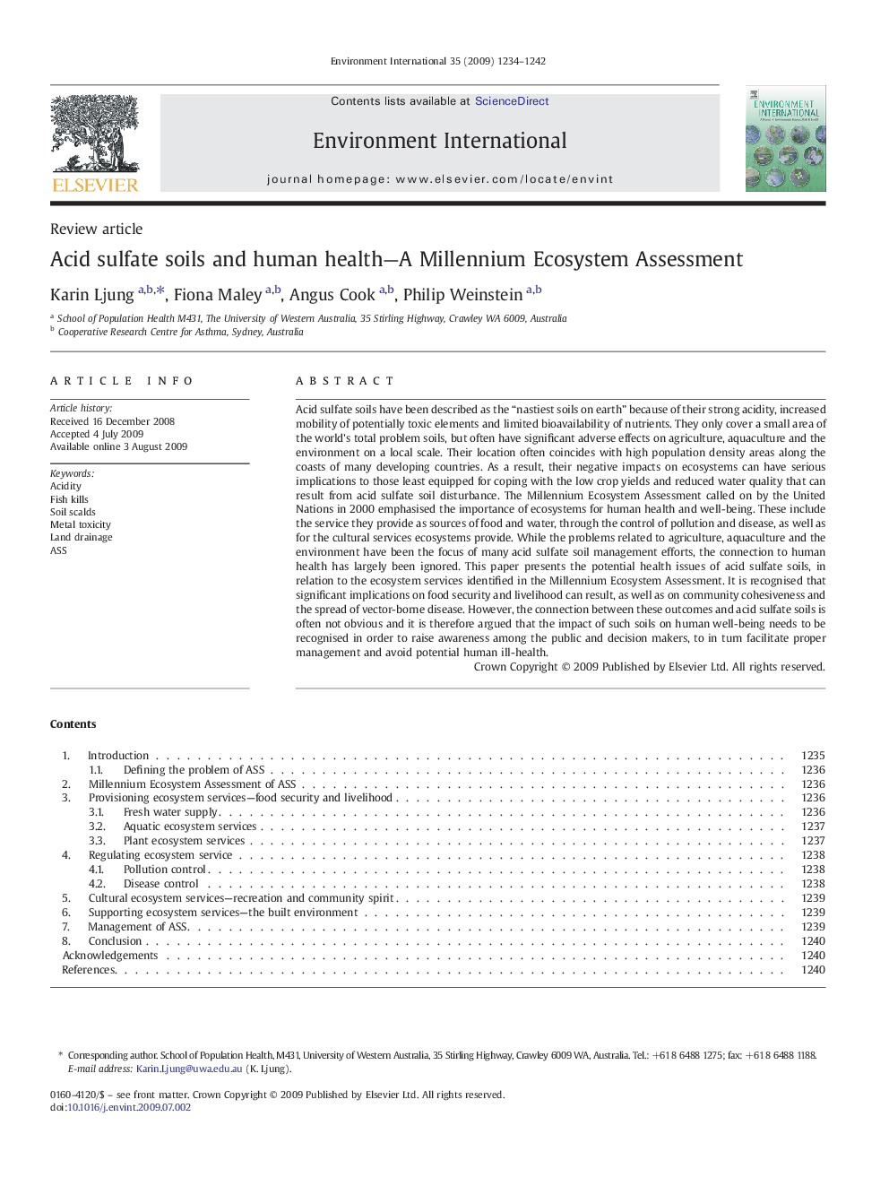 Acid sulfate soils and human health—A Millennium Ecosystem Assessment