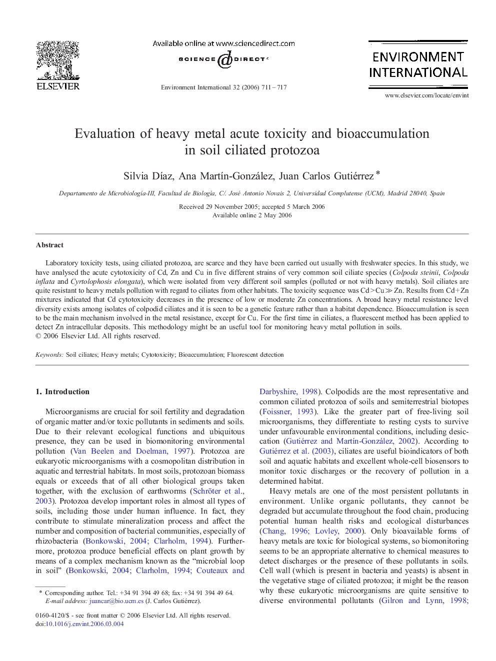 Evaluation of heavy metal acute toxicity and bioaccumulation in soil ciliated protozoa