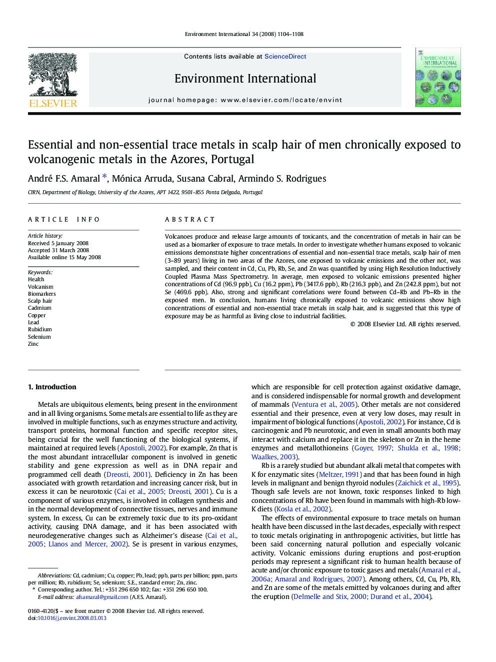 Essential and non-essential trace metals in scalp hair of men chronically exposed to volcanogenic metals in the Azores, Portugal