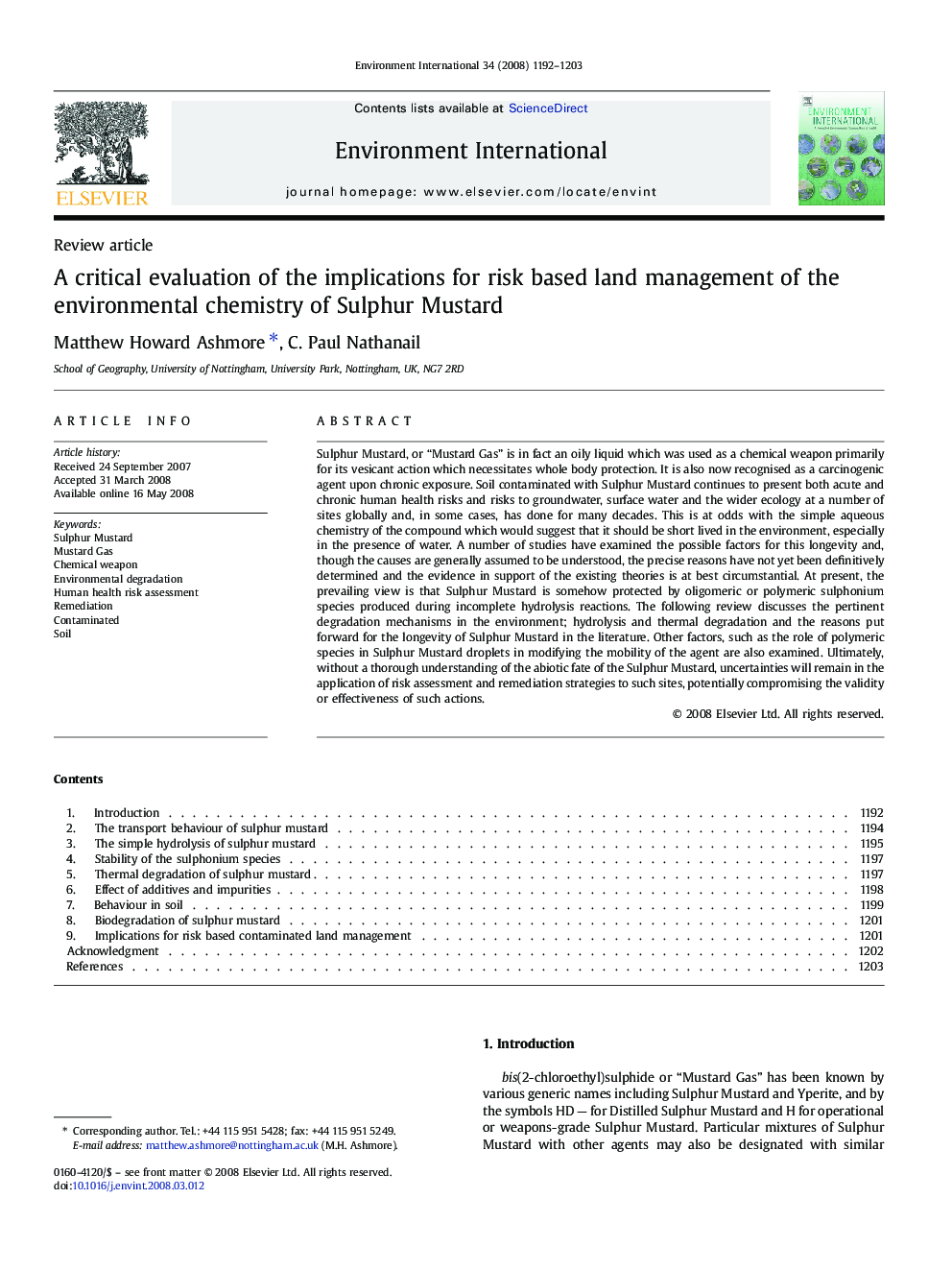 A critical evaluation of the implications for risk based land management of the environmental chemistry of Sulphur Mustard