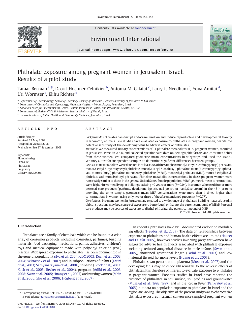 Phthalate exposure among pregnant women in Jerusalem, Israel: Results of a pilot study